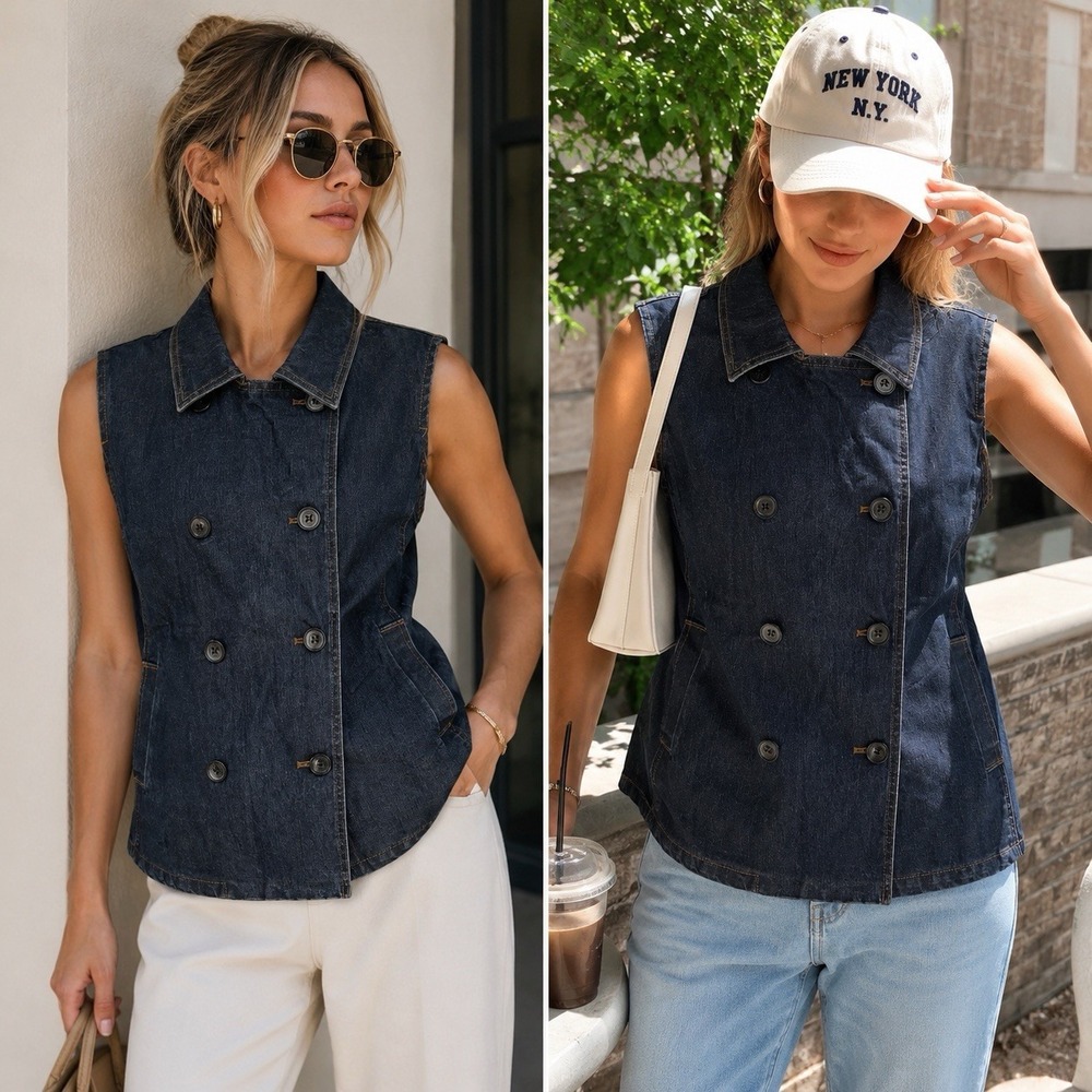 Double Breasted Sleeveless Structured Dark Denim Vest Size Medium NWT